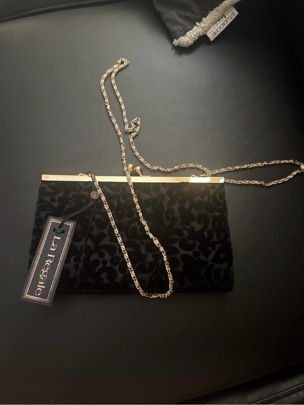 La Regale Black Velvet Embossed Evening Clutch with Gold Chain